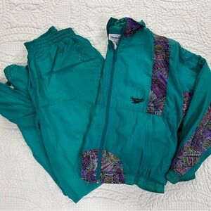 Vintage 90’s Reebok Teal Track Suit Jacket & Joggers with Purple Pattern Accents